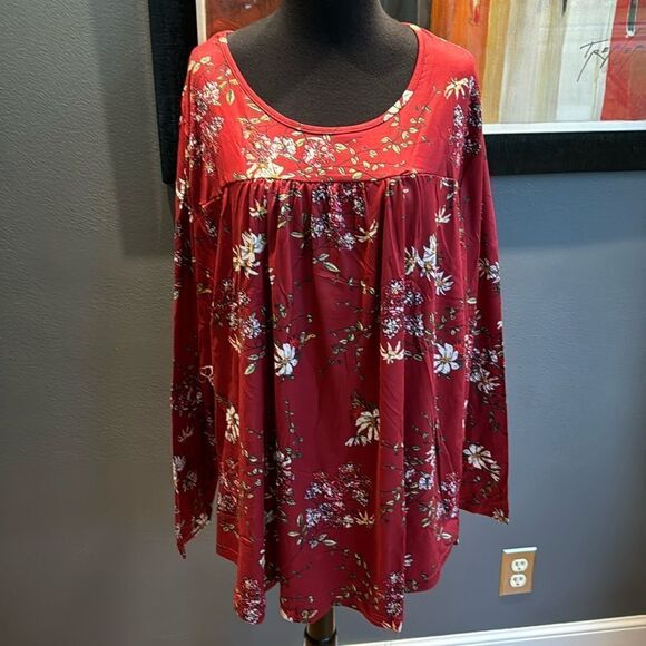 Visililly burgundy floral print pullover stretch gathered bodice/yoke top 3XL - Picture 1 of 6